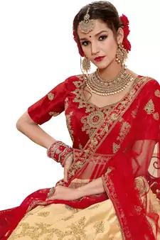 Beige Embroidered Satin Semi Stitched Lehenga