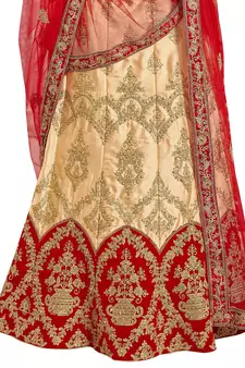 Beige Embroidered Satin Semi Stitched Lehenga