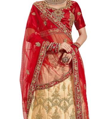 Beige Embroidered Satin Semi Stitched Lehenga 4