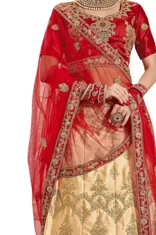 Beige Embroidered Satin Semi Stitched Lehenga