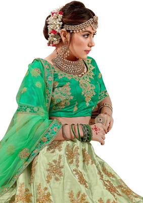 Light-Green Embroidered Satin Semi Stitched Lehenga 2
