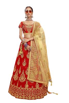 Red Embroidered Art Silk Semi Stitched Lehenga 1