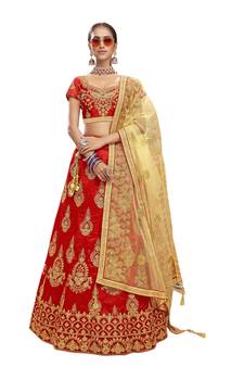 Red Embroidered Art Silk Semi Stitched Lehenga