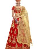 Red Embroidered Art Silk Semi Stitched Lehenga