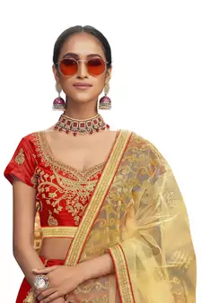 Red Embroidered Art Silk Semi Stitched Lehenga