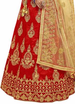 Red Embroidered Art Silk Semi Stitched Lehenga 3