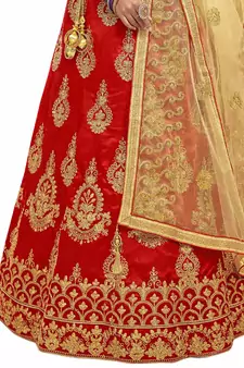 Red Embroidered Art Silk Semi Stitched Lehenga