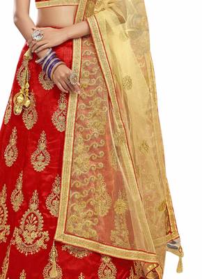 Red Embroidered Art Silk Semi Stitched Lehenga 4