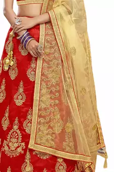 Red Embroidered Art Silk Semi Stitched Lehenga