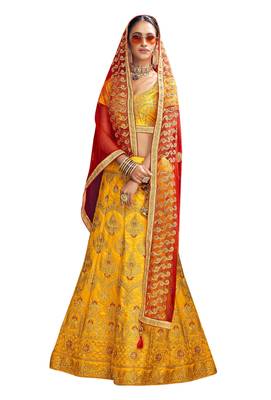 Yellow Embroidered Silk Semi Stitched Lehenga 1