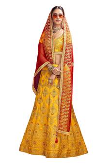 Yellow Embroidered Silk Semi Stitched Lehenga