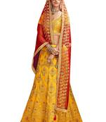 Yellow Embroidered Silk Semi Stitched Lehenga