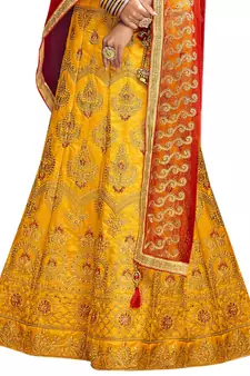 Yellow Embroidered Silk Semi Stitched Lehenga