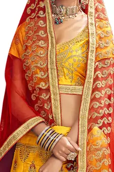 Yellow Embroidered Silk Semi Stitched Lehenga