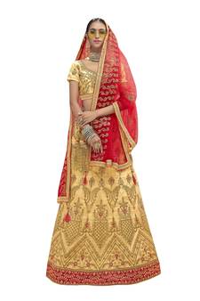 Beige Embroidered Art Silk Semi Stitched Lehenga