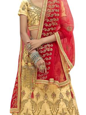 Beige Embroidered Art Silk Semi Stitched Lehenga 4