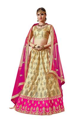 Beige Embroidered Art Silk Semi Stitched Lehenga 1