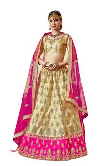Beige Embroidered Art Silk Semi Stitched Lehenga
