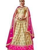 Beige Embroidered Art Silk Semi Stitched Lehenga