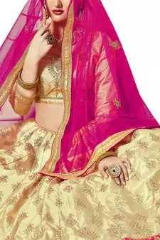 Beige Embroidered Art Silk Semi Stitched Lehenga