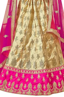 Beige Embroidered Art Silk Semi Stitched Lehenga