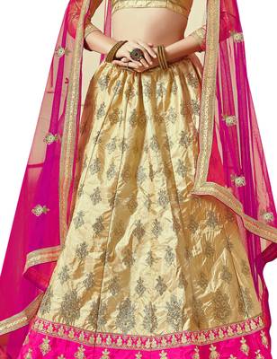 Beige Embroidered Art Silk Semi Stitched Lehenga 4