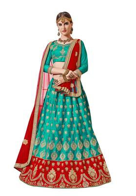 Sea-Green Embroidered Silk Semi Stitched Lehenga 1