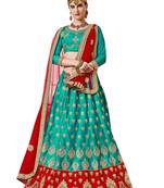 Sea-Green Embroidered Silk Semi Stitched Lehenga