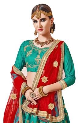 Sea-Green Embroidered Silk Semi Stitched Lehenga 2