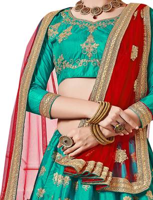 Sea-Green Embroidered Silk Semi Stitched Lehenga 4