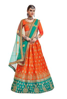 Orange Embroidered Silk Semi Stitched Lehenga 1