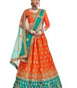 Orange Embroidered Silk Semi Stitched Lehenga