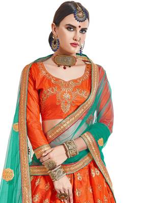 Orange Embroidered Silk Semi Stitched Lehenga 2
