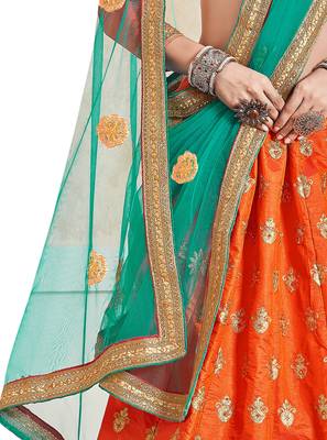 Orange Embroidered Silk Semi Stitched Lehenga 4
