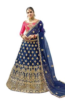 Blue Embroidered Satin Semi Stitched Lehenga 1