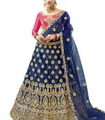 Blue Embroidered Satin Semi Stitched Lehenga