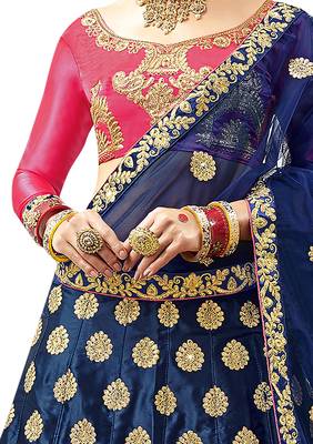 Blue Embroidered Satin Semi Stitched Lehenga 3