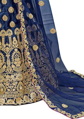 Blue Embroidered Satin Semi Stitched Lehenga 4
