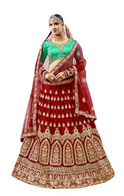 Maroon Embroidered Satin Semi Stitched Lehenga 1