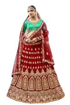 Maroon Embroidered Satin Semi Stitched Lehenga