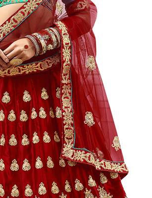 Maroon Embroidered Satin Semi Stitched Lehenga 4