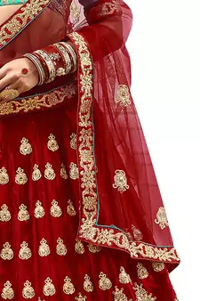 Maroon Embroidered Satin Semi Stitched Lehenga