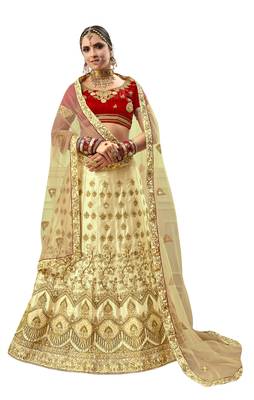 Beige Embroidered Satin Semi Stitched Lehenga 1