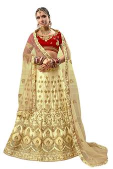 Beige Embroidered Satin Semi Stitched Lehenga