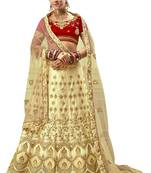 Beige Embroidered Satin Semi Stitched Lehenga