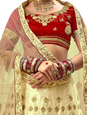 Beige Embroidered Satin Semi Stitched Lehenga 3