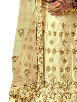 Beige Embroidered Satin Semi Stitched Lehenga 4