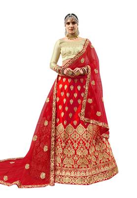 Red Embroidered Satin Semi Stitched Lehenga 1