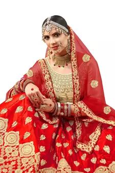 Red Embroidered Satin Semi Stitched Lehenga