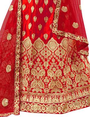 Red Embroidered Satin Semi Stitched Lehenga 3